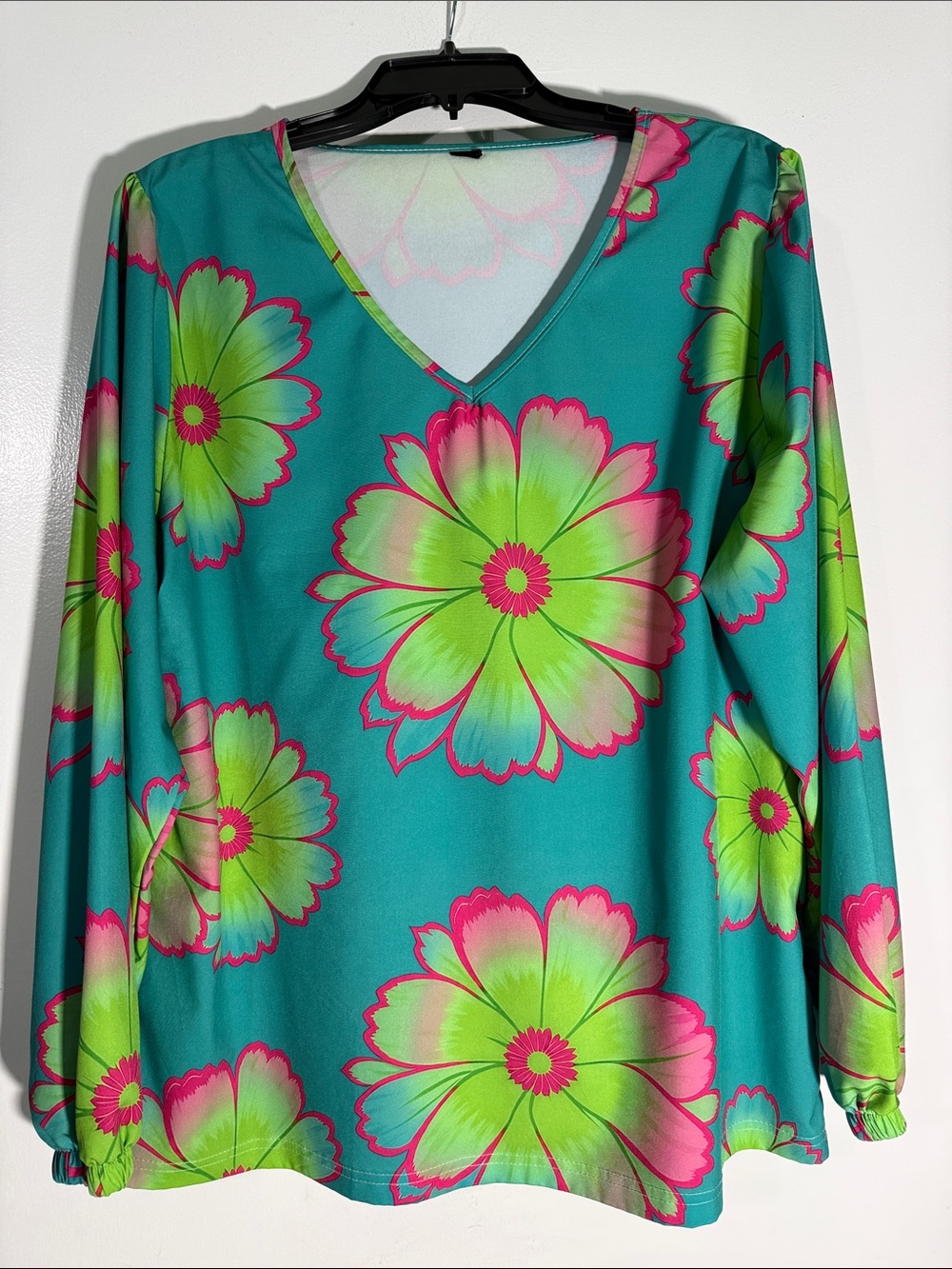 Vibrant Teal Floral V-Neck Women’s Top